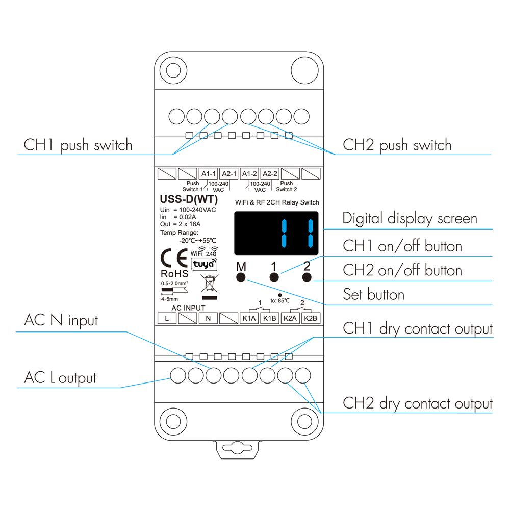 Usmart USS-D(WT) - WiFi+RF+Push Интеллектуальный 2 канальный переключатель AC 100-240V a010166 фото